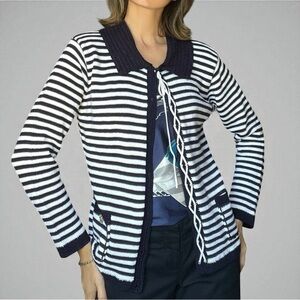 Y2K Nautical Navy White Striped Cardigan Sweater Anchor Buttons Coastal Chic M